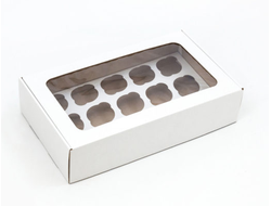 Коробка плотная на 15 капкейков с Прямоугольным Окном, Белая, 40*24*10 см (+ комплект вкладышей 9 + 6 ячеек)