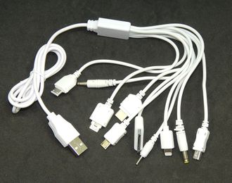 USB кабель зарядный 10 в 1 (V3,  iPhone 4, iPhone 5, 3310, 6101, 8600, D800, D880, KG800, PSP)