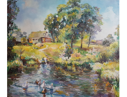 Пейзаж Гуси на пруду в деревне Круглова Ирина