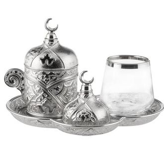 Набор для кофе для 1 персоны &quot;серебро&quot; (чашка, стакан, лукумница, поднос), Турция