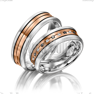 Обручальные кольца из красного и белого золота с прямыми дорожками с бриллиантами в женском кольце с