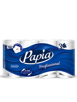 Туалетная бумага PAPIA PROFESSIONAL, 3-слойная, белая, 8 рулонов в упаковке