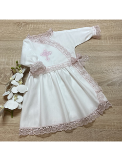Крестильное платье для девочки: сатин, нежно-розовое кружево, можно вышить любое имя