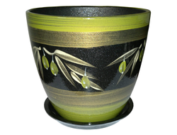 Зеленый с черным оригинальный керамический цветочный горшок диаметр 21 см с рисунком оливки