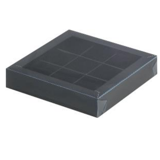 Коробка на 9 конфет 15*15*3 см,  с пластиковой крышкой и с разделителями, Черная