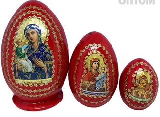 Яйцо-матрешка  3 места красное &quot;Иерусалимская Божья Матерь&quot;	дерево 12,5 см