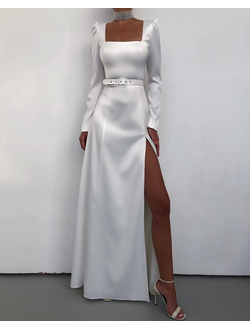 Белое вечернее атласное платье с рукавами "LN Family" прокат Уфа