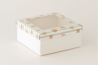 Коробка подарочная ВЫСОКАЯ 4П-В С ОКНОМ (15*15 высота 7 см), Снежинки с голубой полоской