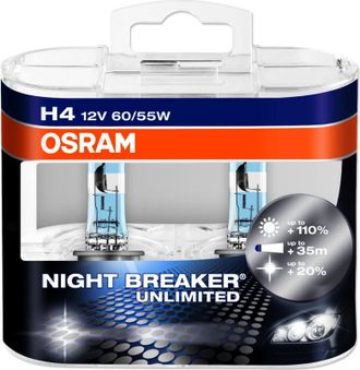 Лампа галогенная Osram H4 Night Breaker Unlimited, 12V 60/55W, +110%+20% белее, 2 шт.