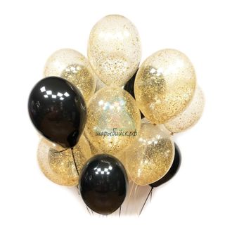 Воздушные шарики черные и прозрачные с золотым блестками