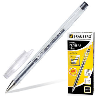 Ручка гелевая черная BRAUBERG корпус прозрачный, толщина письма 0,5 мм, 141018,