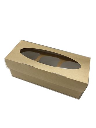 Коробка тонкая на 3 капкейка с ОВАЛЬНЫМ Окном, КРАФТ, 25*10*10 см