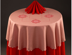 Розовая овальная 145х180 см льняная скатерть на стол с ручной вышивкой