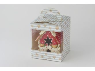 Коробка для пряничного домика с окном (17*17*19 см), Снежинки с бело-голубой полоской