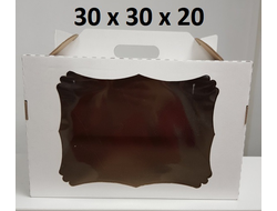 Коробка для торта с фигурным окном с РУЧКОЙ, 30*30*20 см, БЕЛАЯ