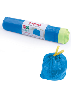 Мешки для мусора 60 л, завязки, синие, в рулоне 20 шт., ПНД, 12 мкм, 55х62 см (±5%), прочные, ЛАЙМА, 601397