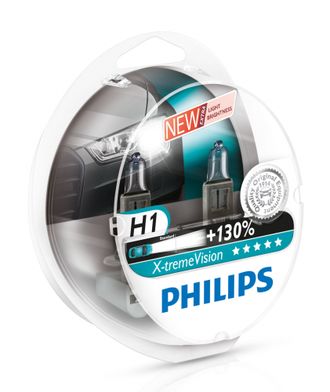 Лампа галогенная PHILIPS H1 X-treme Vision +130% 12V 55W 2 шт. в блистере