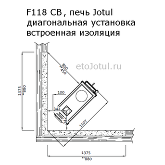 Установка печи Jotul F118 CB BP диагонально в угол к негорючим стенам, какие отступы