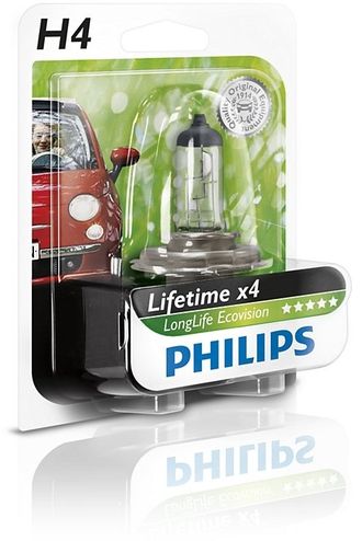 Лампа PHILIPS H4 LongLife EcoVision 12V 60/55W в блистере 1 шт.
