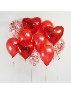 3 фольгированных сердца с красными шарами