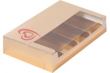 Коробка для Эклеров и Эскимо с пластиковой крышкой с тиснением сердце, 25*15*5 см, ЗОЛОТО, (080842)  (5 вкладышей)