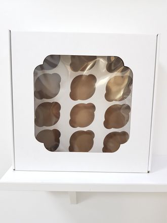 Коробка ПЛОТНАЯ на 12 кексов с окном, 30*30*10 см, Белая