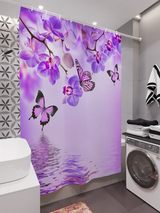 Фотошторы для ванной	Джордан	(180;180)	Бабочки у воды с орхидеями