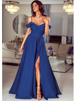 Синее вечернее платье с открытыми плечами и разрезом "Золушка" прокат Уфа