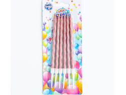 Свечи в торт Витые &quot;Металлик&quot; , Высокие 14 см, 6шт с подставкой, Розовый блик