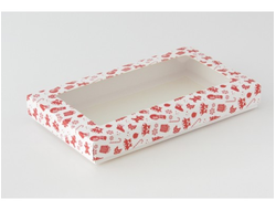 Коробка на 5 печений с окном (25*15*3 см), красно-белый новогодний