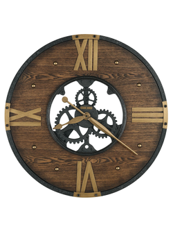 Часы настенные со шпонированным циферблатом в черном ободе с римскими цифрами из состаренной бронзы.