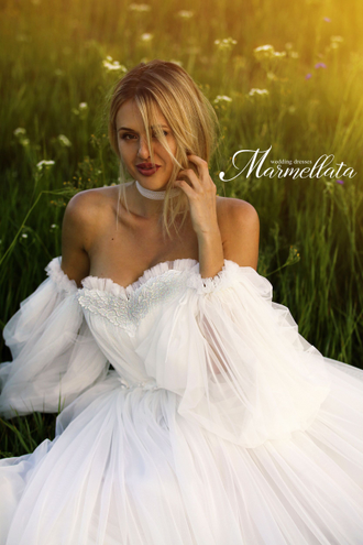 Белое свадебное пышное платье с объемными рукавами "Kristian" прокат Уфа
