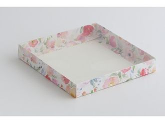 Коробка 20*20*3 см с прозрачной крышкой, акварельные цветы