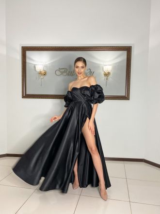 Черное атласное платье с рукавами-буфами "Krista black" прокат Уфа