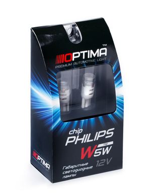 Светодиодные лампы W5W (T10) Optima Premium PHILIPS Chip, 5100K, 12V, (W2.1X9.5D), 2 шт