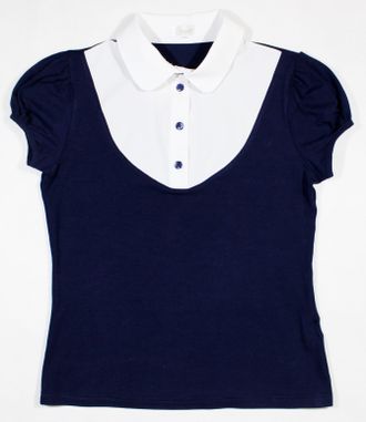 Блуза для девочки на кокетке к/рук. 122-170 (синий/белый)