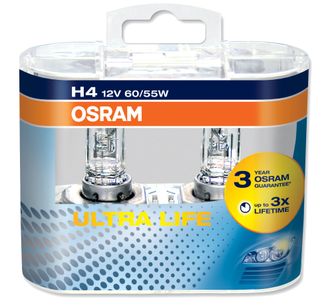 Лампа OSRAM H4 ULTRA LIFE 12V (60/55W) увелич. в 3 раза срок службы 2 шт.