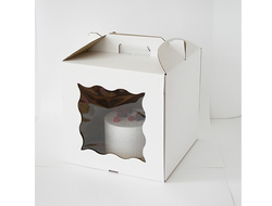 Коробка для торта с фигурным окном с РУЧКОЙ, 22*22* ВЫСОТА 20 см, БЕЛАЯ