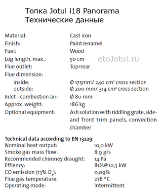 Технические характеристики топки Jotul i18 Panorama, мощность, вес, эффективность