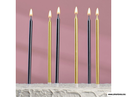 Свечи в торт "Ройс" 6 шт / 13 см Чёрные и Золотые