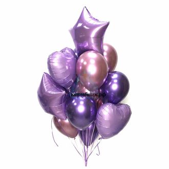 Композиция из розовых и фиолетовых хромированных шаров с сердцами и звездами