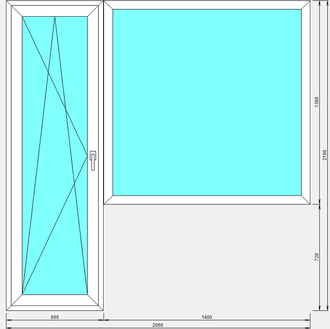 Балконный блок с глухим окном и поворотно-откидной дверью с целиковым стеклопакетом
