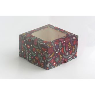 Коробка на 4 кекса квадратная с окошком (17*17*10 см), Новогодняя ночь