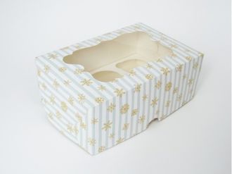 Коробка на 6 кексов (25*17*10 см), Снежинки с голубой полоской