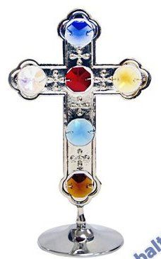 Крест с камнем, цветные стразы, металл, в подарочной коробке  14 см