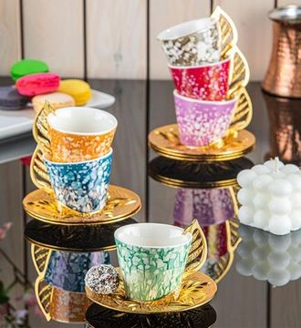 Набор для кофе на 6 персон &quot;Разноцветные капли&quot; с золотой подставкой и металлическими декоративными блюдцами (в коробке), Турция