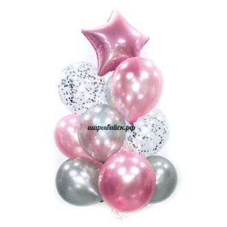Композиция из розовых и серебряных шаров