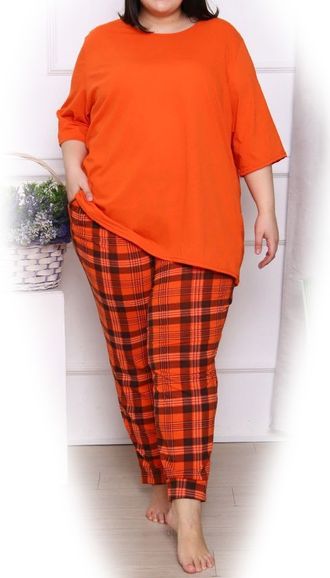 Трикотажный женский костюм больших размеров из хлопка арт. 1161467-956 (цвет оранж) Размеры 66-80