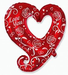 Шар (32&#039;&#039;/81 см) Фигура, Сердце с розами, Красный, 1 шт.