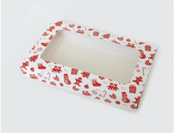 Коробка на 2 печенья С ОКНОМ (18*11*3 см), Красно-белый новогодний